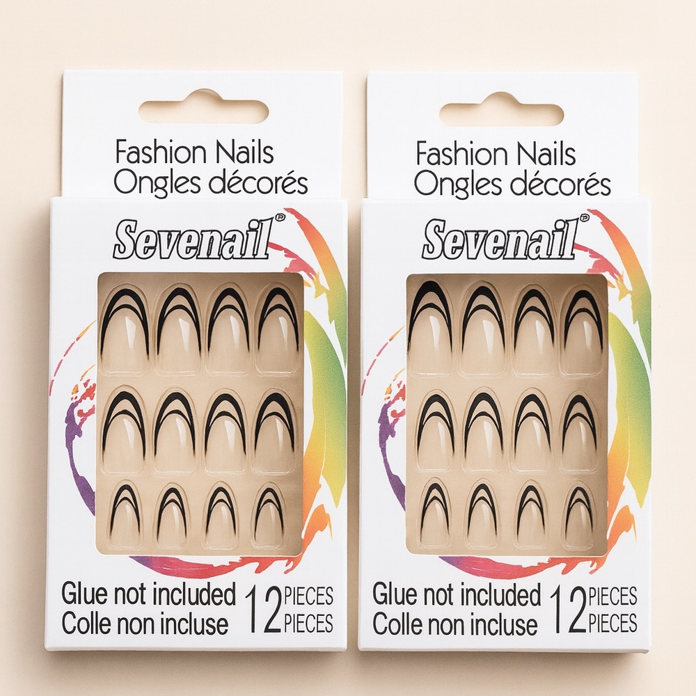 Black French Tip Design Press-On Nails - Almond Shaped (Set of 2, 24ct)